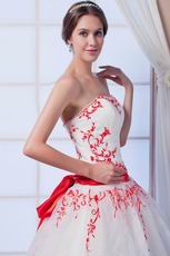 Elegant Strapless White Puffy Prom Ball Gown With Red Embroidery