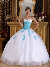 Sweetheart White Dress With Aqua Applique To Winter Quinceanera