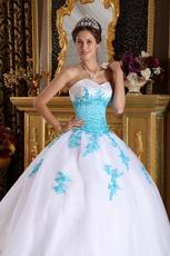 Sweetheart White Dress With Aqua Applique To Winter Quinceanera