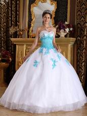 Sweetheart White Dress With Aqua Applique To Winter Quinceanera