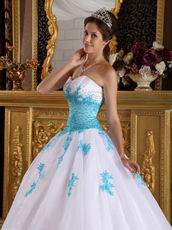 Sweetheart White Dress With Aqua Applique To Winter Quinceanera