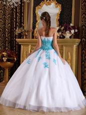 Sweetheart White Dress With Aqua Applique To Winter Quinceanera