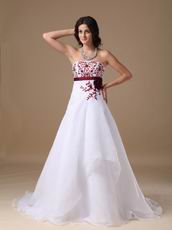 Cheap White Prom Dress With Wine Red Embroidery Details