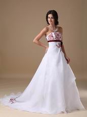 Cheap White Prom Dress With Wine Red Embroidery Details