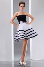 Strapless White Organza Sweet 16 Dress With Black Stripe