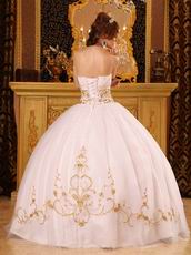 Fitted White Ancient Palace Ball Dress With Gold Embroidery