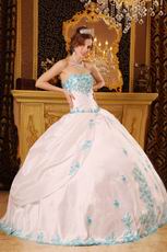 White Quinceanera Dress With Blue Appliques Dentate Bottom