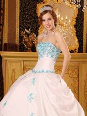 White Quinceanera Dress With Blue Appliques Dentate Bottom