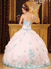 White Quinceanera Dress With Blue Appliques Dentate Bottom