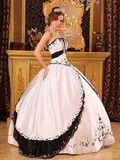 Classical Style White Evening Ball Dress With Black Embroidery