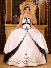 Classical Style White Evening Ball Dress With Black Embroidery