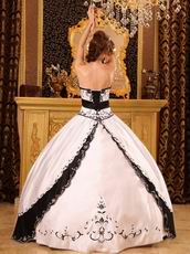 Classical Style White Evening Ball Dress With Black Embroidery