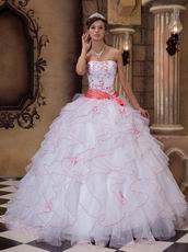 Ruffed White Organza Skirt Quinceanera Dress With Embroidery
