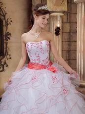 Ruffed White Organza Skirt Quinceanera Dress With Embroidery