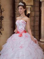 Ruffed White Organza Skirt Quinceanera Dress With Embroidery
