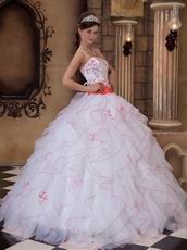 Ruffed White Organza Skirt Quinceanera Dress With Embroidery