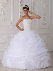 Strapless Lace Appliqued White Organza Quinceanera Dress