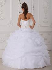 Strapless Lace Appliqued White Organza Quinceanera Dress