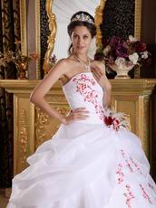 Strapless Quinceanera White Dress With Red Embroidery Destails