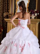 Strapless Quinceanera White Dress With Red Embroidery Destails
