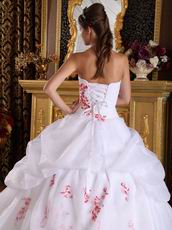 Strapless Quinceanera White Dress With Red Embroidery Destails