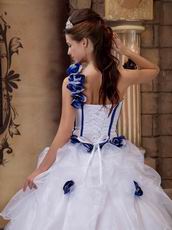 White Dress With Blue Flowers Single Shoulder Quinceanera Dress