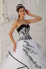 Cute Sweetheart White Quinceanera Gown With Black Embroidery