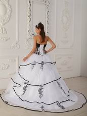 Cute Sweetheart White Quinceanera Gown With Black Embroidery