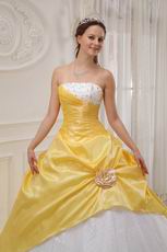 Strapless Trimed White Dot Tulle Skirt Moon Yellow Prom Gown