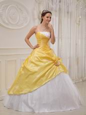 Strapless Trimed White Dot Tulle Skirt Moon Yellow Prom Gown