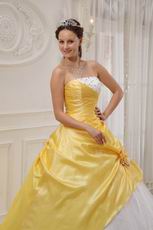 Strapless Trimed White Dot Tulle Skirt Moon Yellow Prom Gown