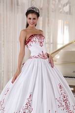 White Quinceanera Dress With Wine Red Embroidery Details