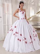 Halter White Quinceanera Dress With Wine Red Embroidery