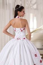 Halter White Quinceanera Dress With Wine Red Embroidery