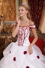 Off Shoulder White Quinceanera Dress With Wine Red Flower