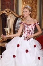 Off Shoulder White Quinceanera Dress With Wine Red Flower