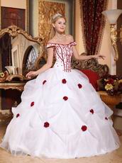 Off Shoulder White Quinceanera Dress With Wine Red Flower