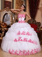 Pretty White Organza Quinceanera Gown With Pink Applique