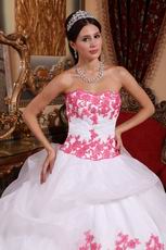 Pretty White Organza Quinceanera Gown With Pink Applique