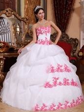 Pretty White Organza Quinceanera Gown With Pink Applique