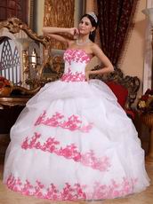 Pretty White Organza Quinceanera Gown With Pink Applique