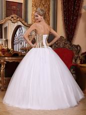 White Tulle Quinceanera Dress With Flaring Golden Sequin Bodice