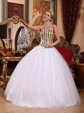 White Tulle Quinceanera Dress With Flaring Golden Sequin Bodice