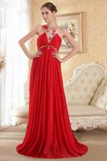 Scoop Neckline Red Chiffon Beaded Prom Dress Cheap
