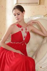 Scoop Neckline Red Chiffon Beaded Prom Dress Cheap