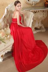 Scoop Neckline Red Chiffon Beaded Prom Dress Cheap