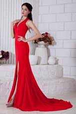 Fashional Halter A-line Dark Red Chiffon Prom Dress With High Split