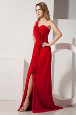 One Shoulder Rosette Dark Red Prom Dress Design With Sexy Split