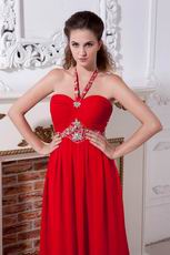 Halter Top Appliques Empire Red Chiffon 2014 Prom Dress