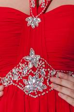 Halter Top Appliques Empire Red Chiffon 2014 Prom Dress